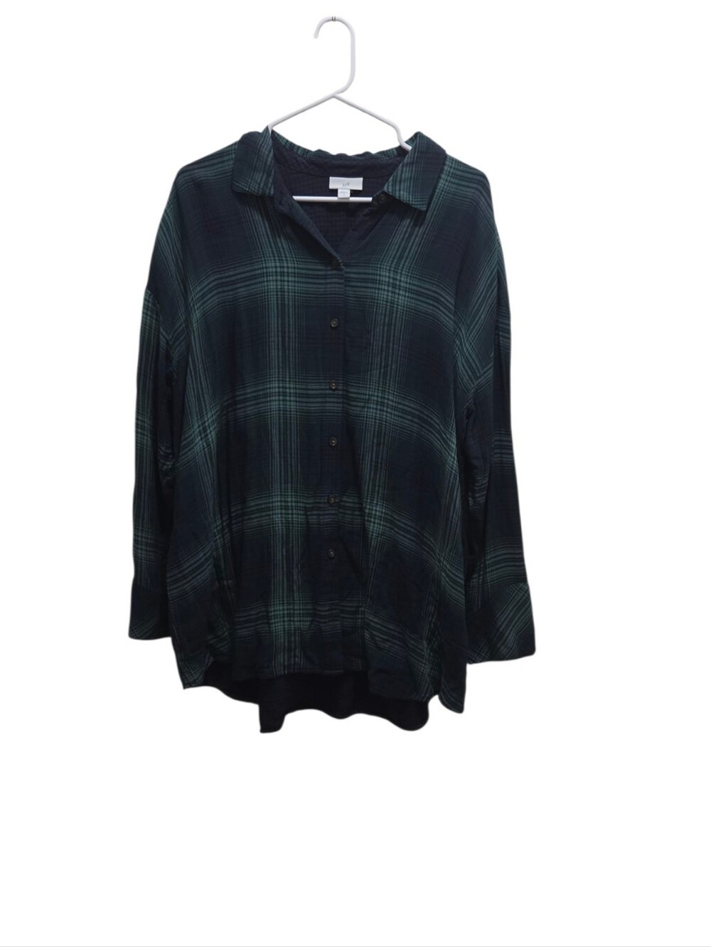 J Jill XL Navy Green Plaid Lined Rayon Button Front Shirt Relaxed Tunic Layer